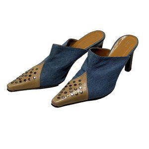 Italian Shoemakers Womens Mules Studded Leather‎ Toe Denim Size EU 38 US 7.5